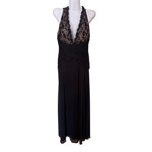 Betsy & Adam Womens Black Lace Plunge Halter Dress‎ 4 Coctail Coquette